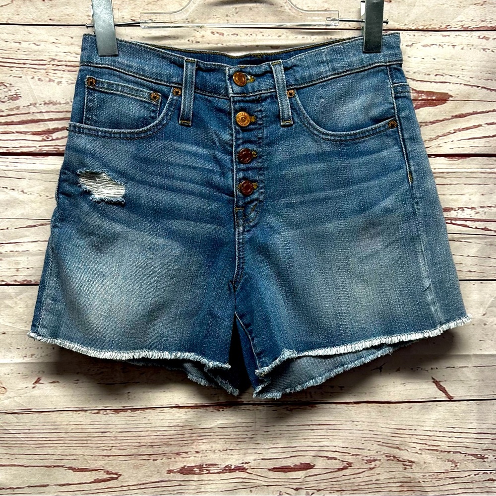 J Crew Women's Denim Distressed Medium Wash Button Fly Stretch Shorts Size 24